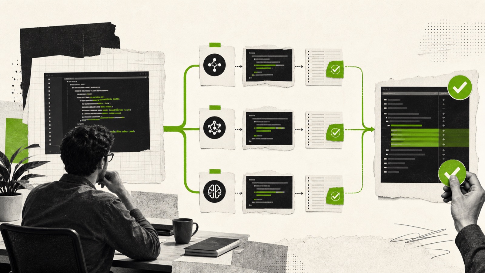 A developer reviewing AI coding assistant changes through tests and controlled diffs