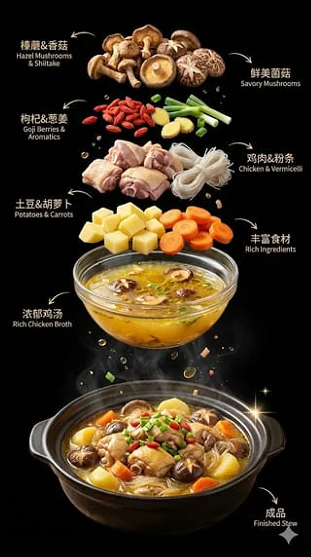 Example generated from “Exploded Chicken Mushroom Stew Ad”