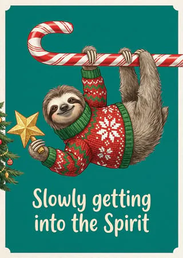 Example generated from “Sloth Hanging from Candy Cane Christmas Card”