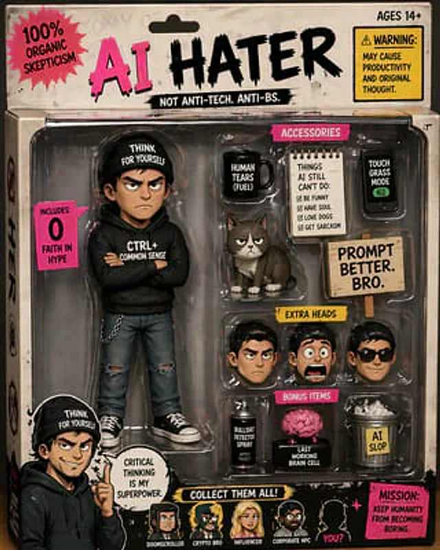 Example generated from “Satirical AI Hater Action Figure”