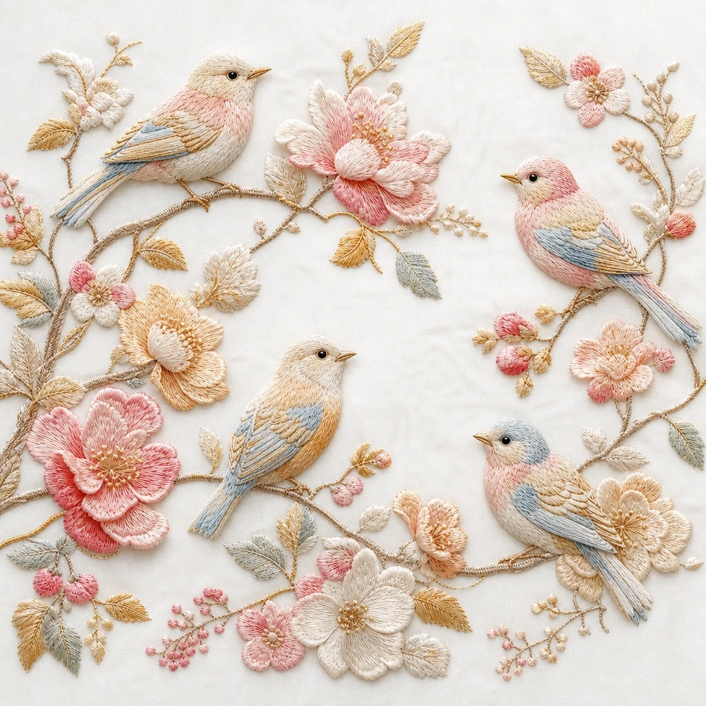 Embroidered Birds and Blossoms Illustration — ClawLabs AI · MIT
