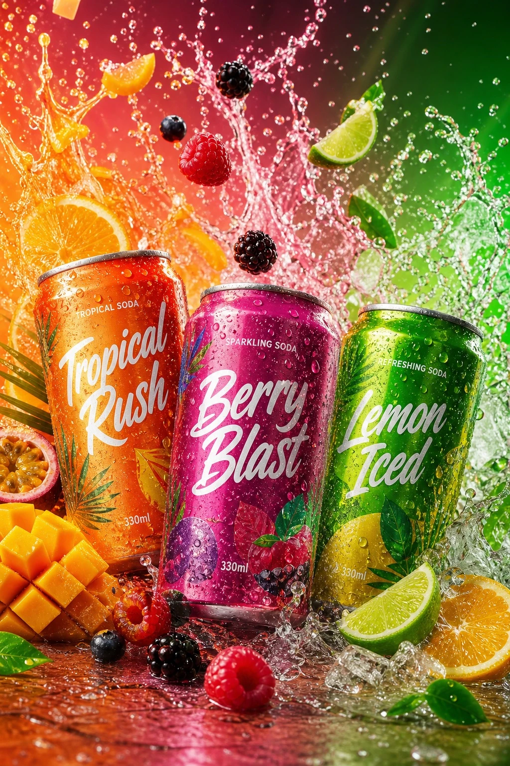 Neon Three-can Soda Advertising Concept — ClawLabs AI · MIT