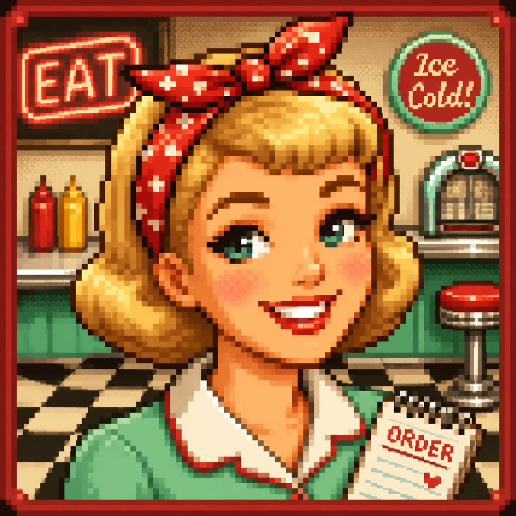 Example generated from “Retro Diner Waitress Pixel Avatar — API Models · CC BY 4.0”