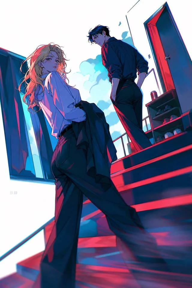 Example generated from “Neon Anime Stairway Encounter”