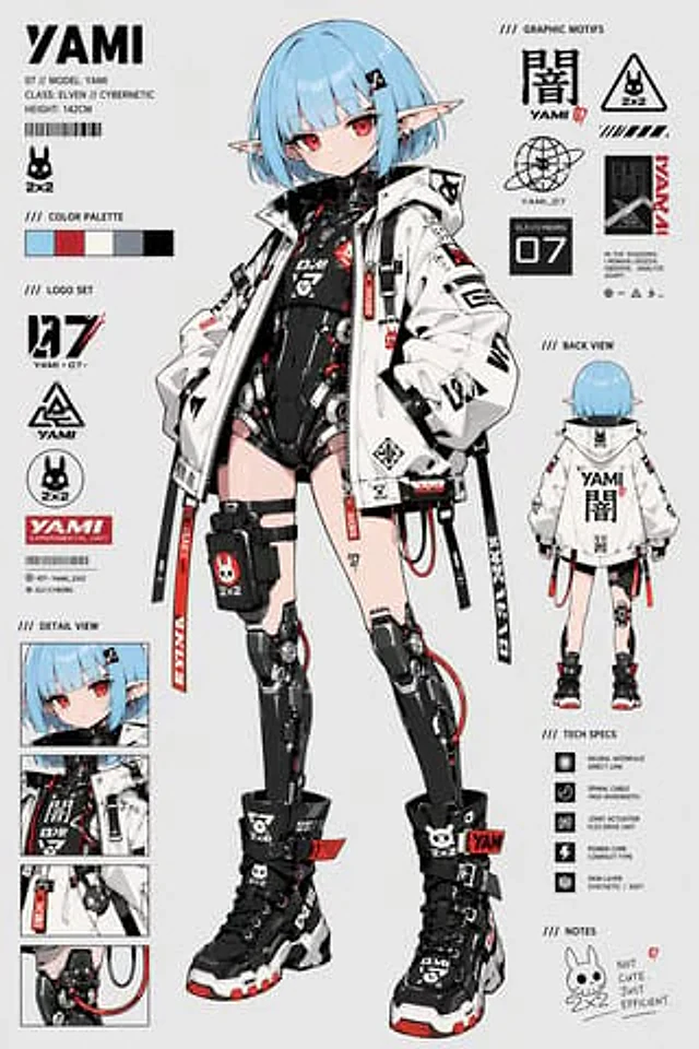 Example generated from “Cyberpunk Elf Android Reference Sheet”