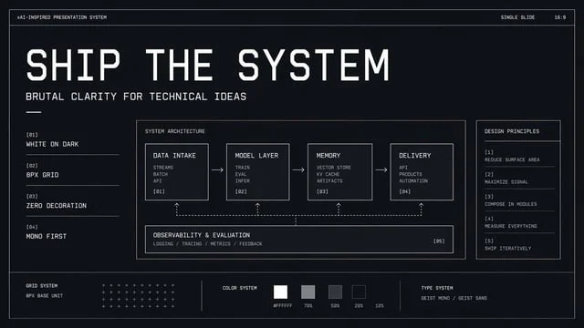 Example generated from “Brutalist Technical System Slide”
