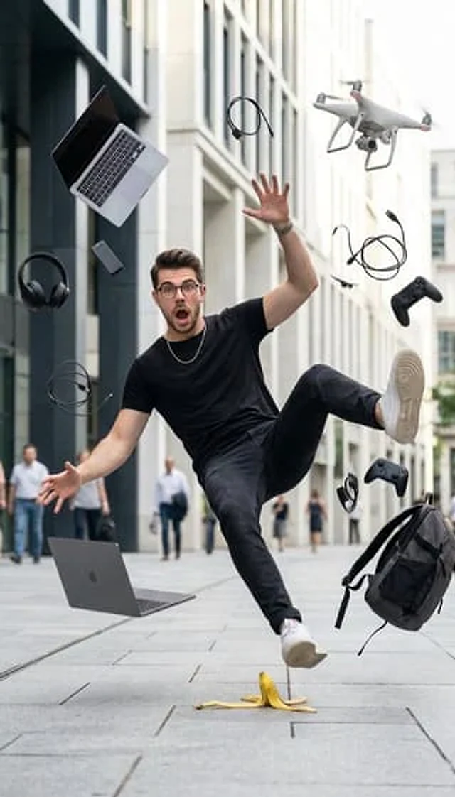 Example generated from “YouTube Thumbnail - Cinematic Street Photography of Man Slipping on Banana Peel”