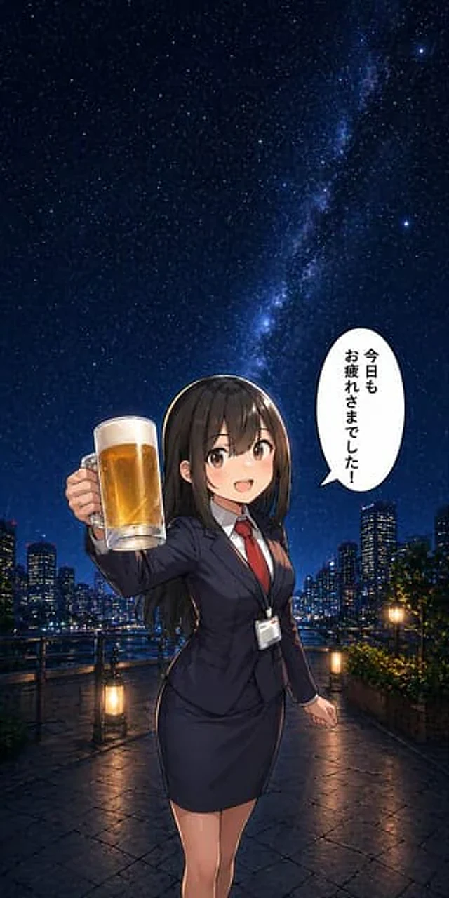 Example generated from “Anime Office Lady Beer Toast at Night”