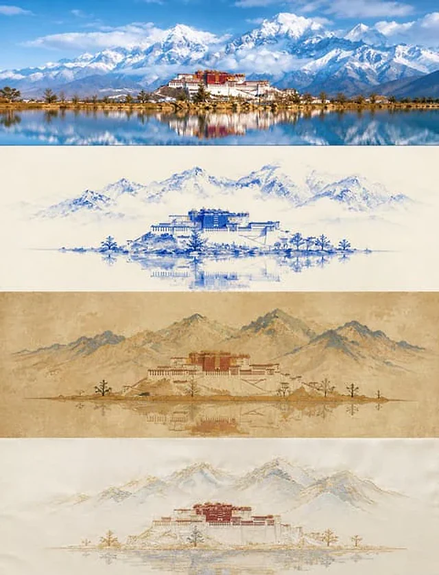 Example generated from “青花敦煌刺绣四拼风格海报”