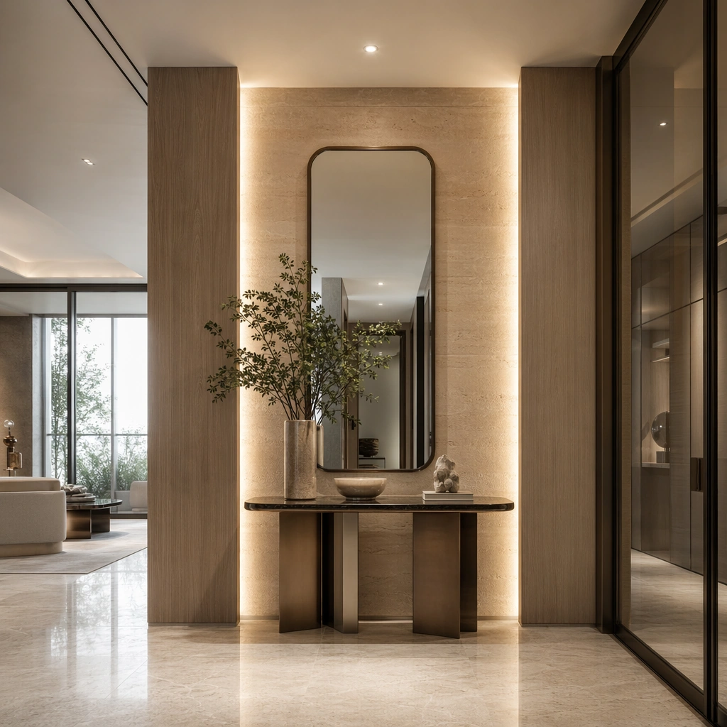 Residential Foyer Console and Mirror — ChaosRealmsAI · MIT