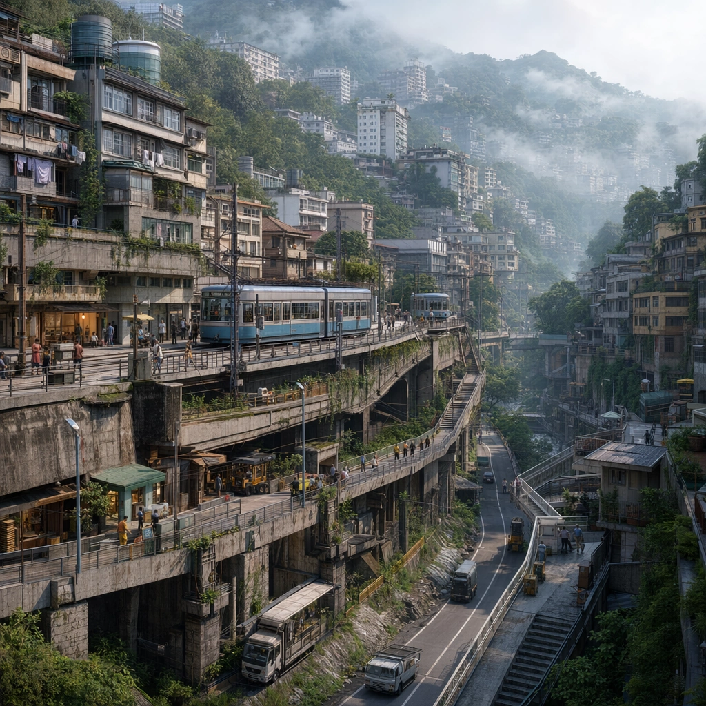 Hillside City with Layered Tram Transport — ChaosRealmsAI · MIT