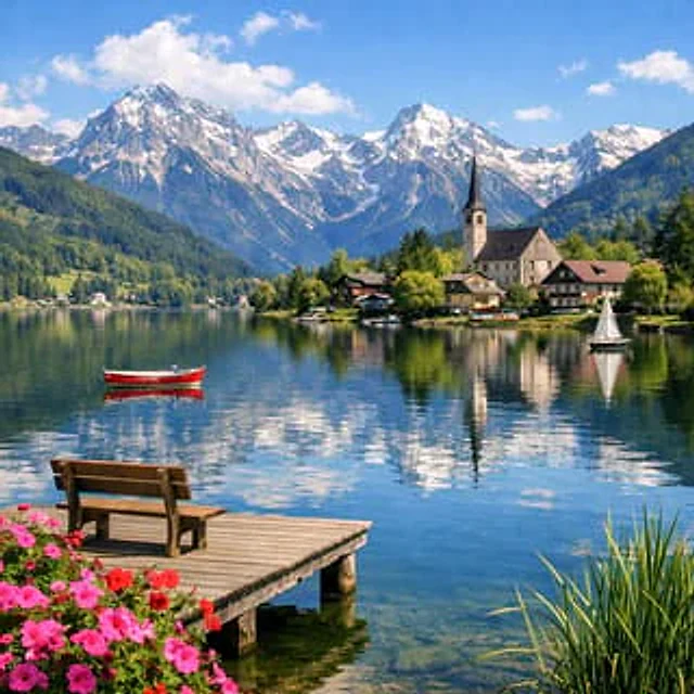 Example generated from “Idyllic Alpine Lake Village Landscape”