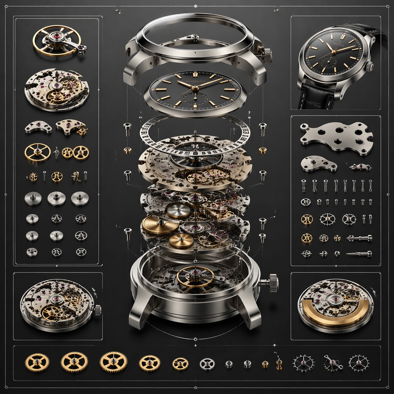Mechanical Watch Exploded-View Concept Sheet — ChaosRealmsAI · MIT