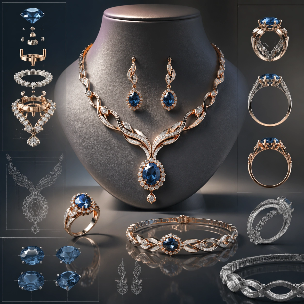 Blue-Gem Jewelry Collection Concept Board — ChaosRealmsAI · MIT