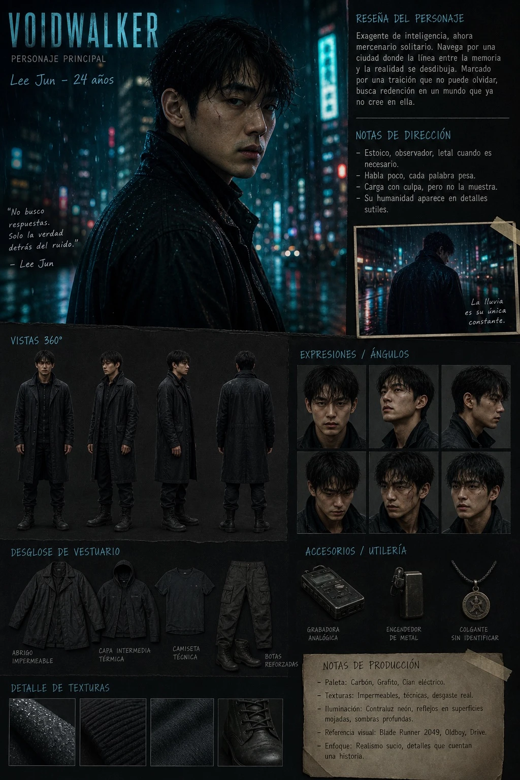 Neo-Noir Character Design Board — ClawLabs AI · MIT