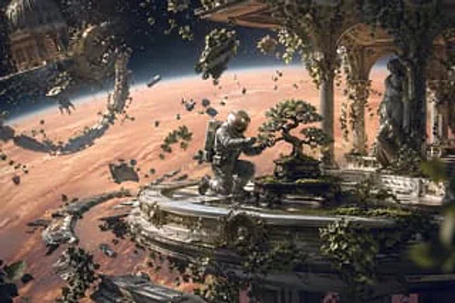 Example generated from “Astronaut Tending Bonsai in Space Ruins”