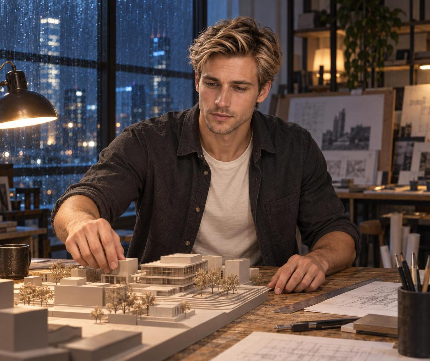 Example generated from “Blond Man Studies a Rainy City Model — Alosem · reference required · CC BY 4.0”