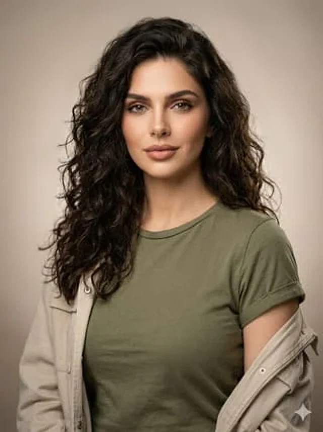 Example generated from “Editorial Studio Portrait in Olive Tee”