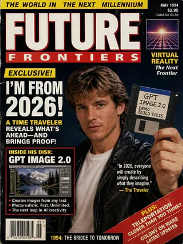 Example generated from “1990s Time Traveler Magazine Cover”