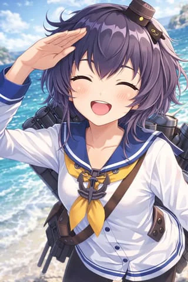 Example generated from “Anime Ship Girl Saluting on Beach”