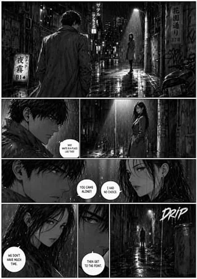 Example generated from “Rainy Noir Manga Alley Page”