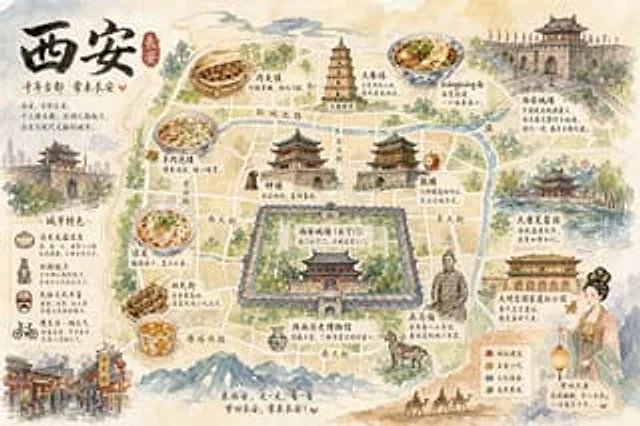Example generated from “西安手绘水彩城市地图”