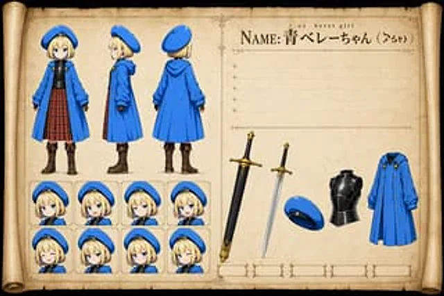 Example generated from “Blue Beret Girl Reference Sheet”