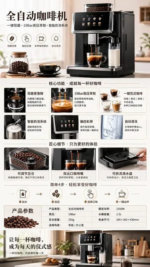 Example generated from “全自动咖啡机产品展示”
