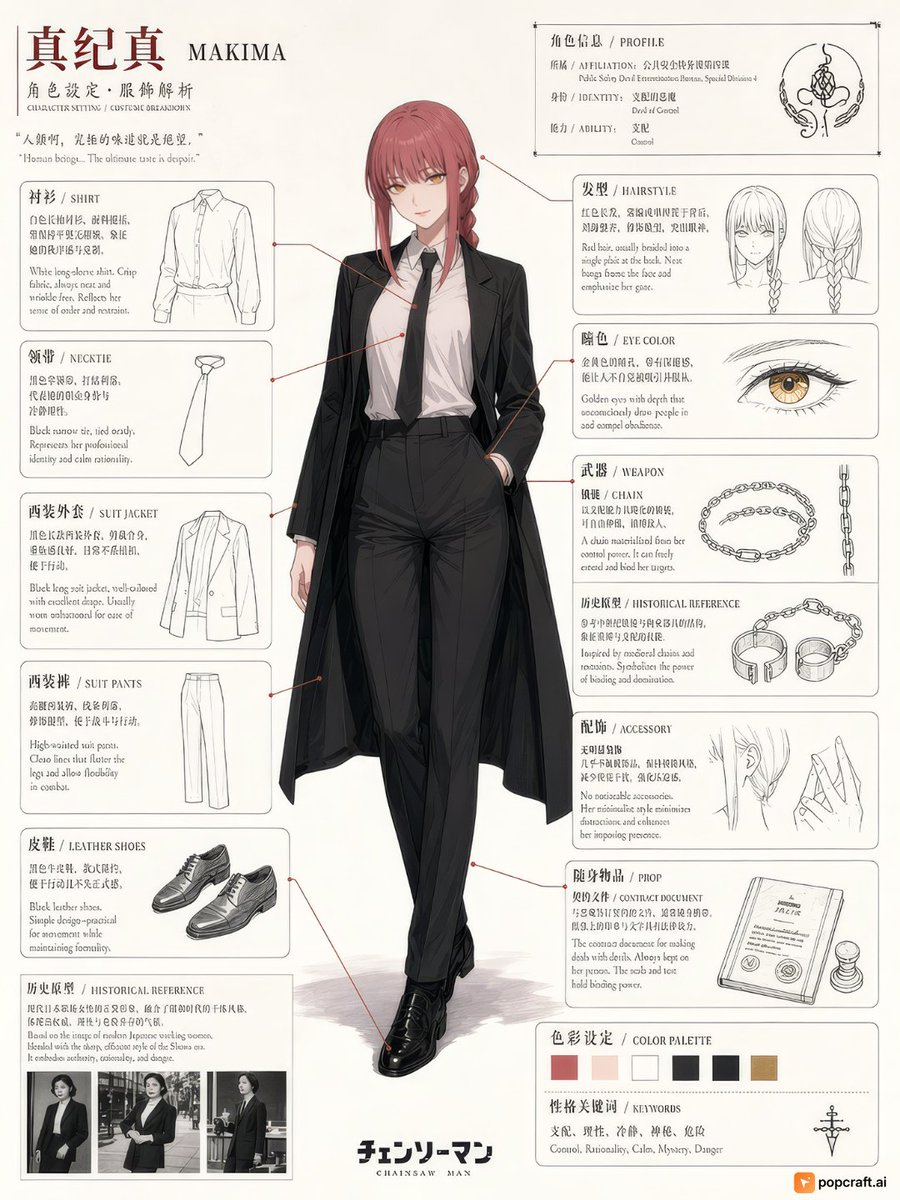 Example generated from “Chainsaw Man Makima Character Design Sheet — Reference Image Required”
