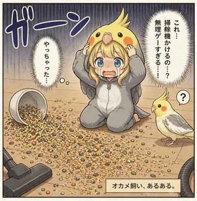 Example generated from “Cockatiel Owner Seed Spill Comic”