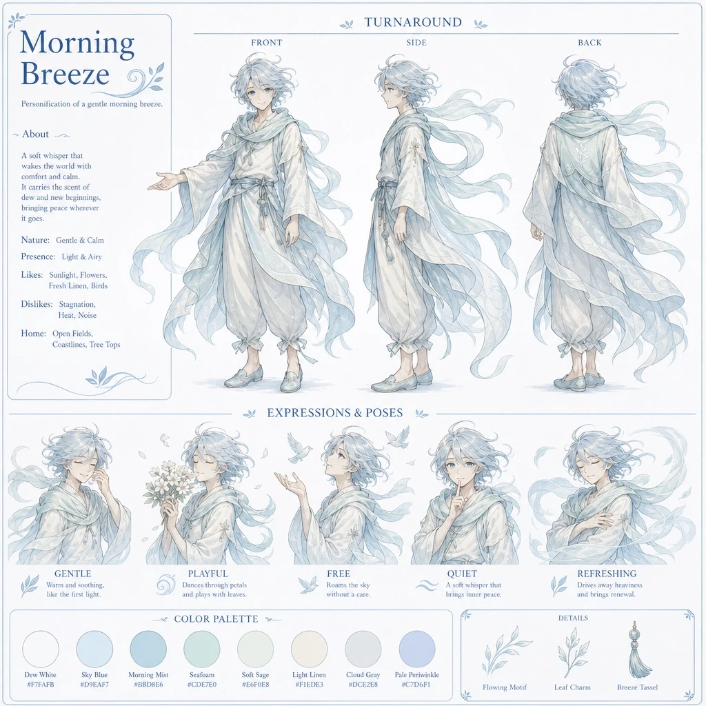Example generated from “Wind-inspired Character-design Sheet — ClawLabs AI · MIT”