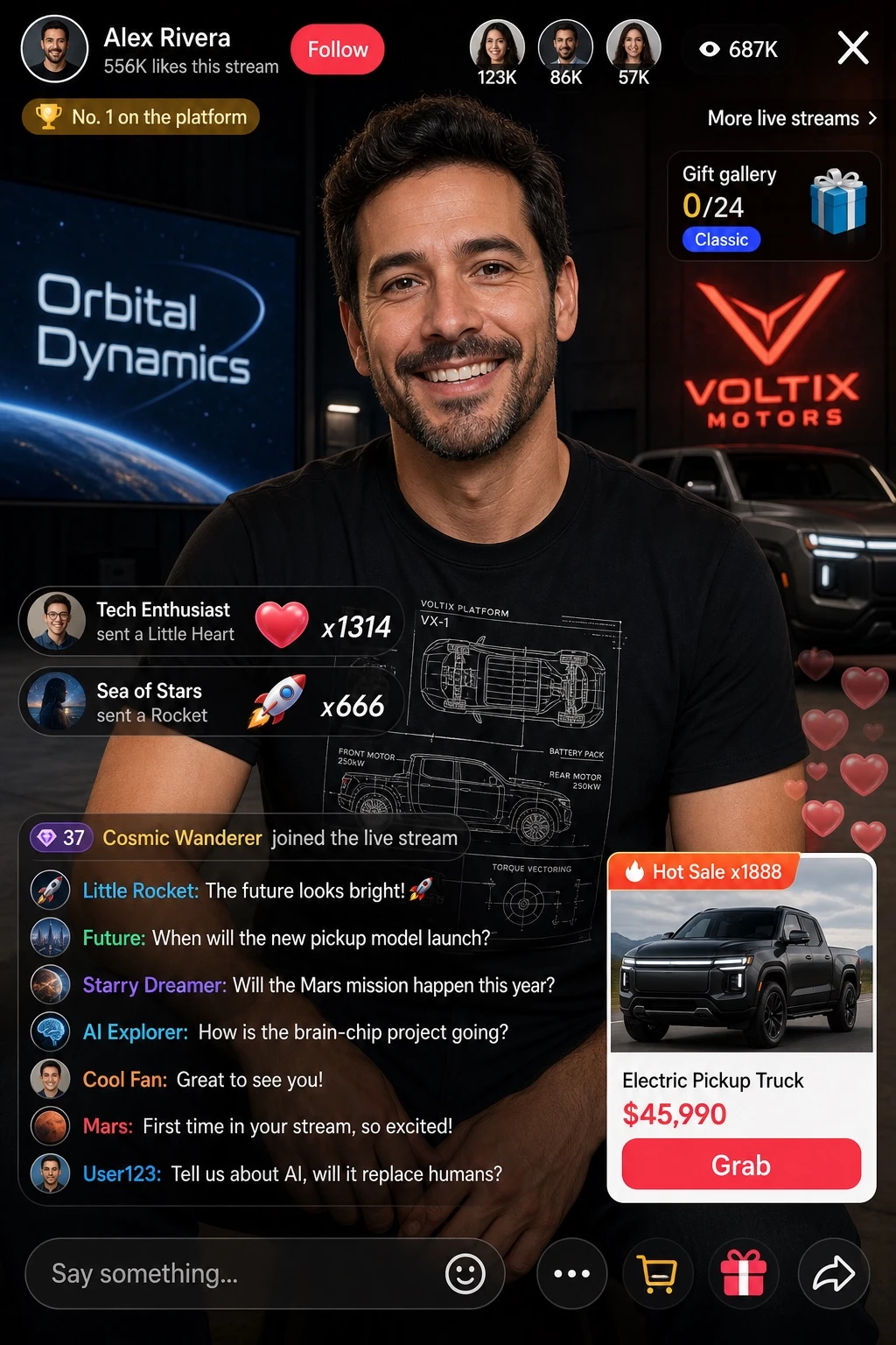Fictional Livestream Commerce Interface Mockup — ClawLabs AI · MIT