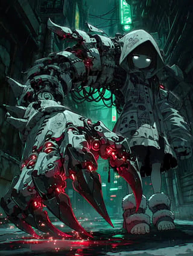 Example generated from “Cyberpunk Girl with Giant Mech Claw”