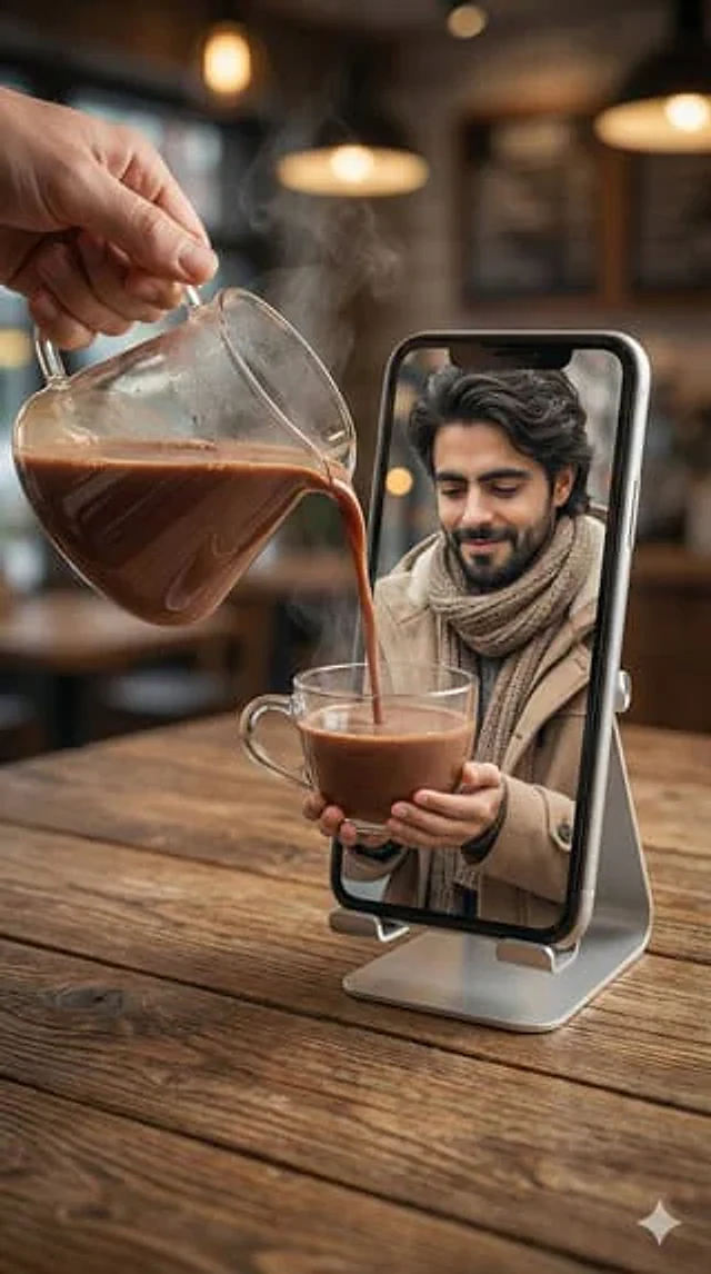 Example generated from “Mixed-Reality Hot Chocolate Pour Prompt (Image-to-Image)”