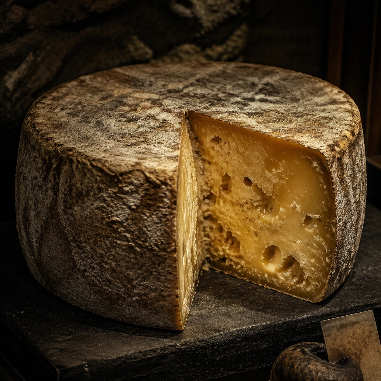 Cave-Aged Cheese Wheel Cross-Section — ChaosRealmsAI · MIT
