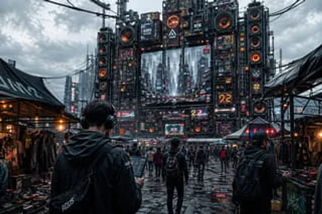 Example generated from “Futuristic Cyberpunk Music Market”