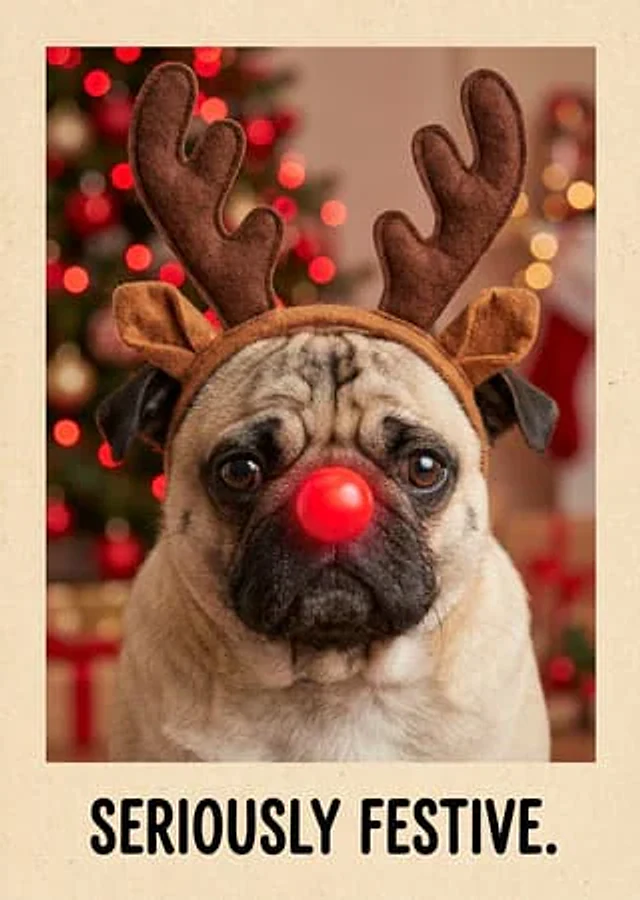 Example generated from “Pug with Reindeer Antlers and Clown Nose”