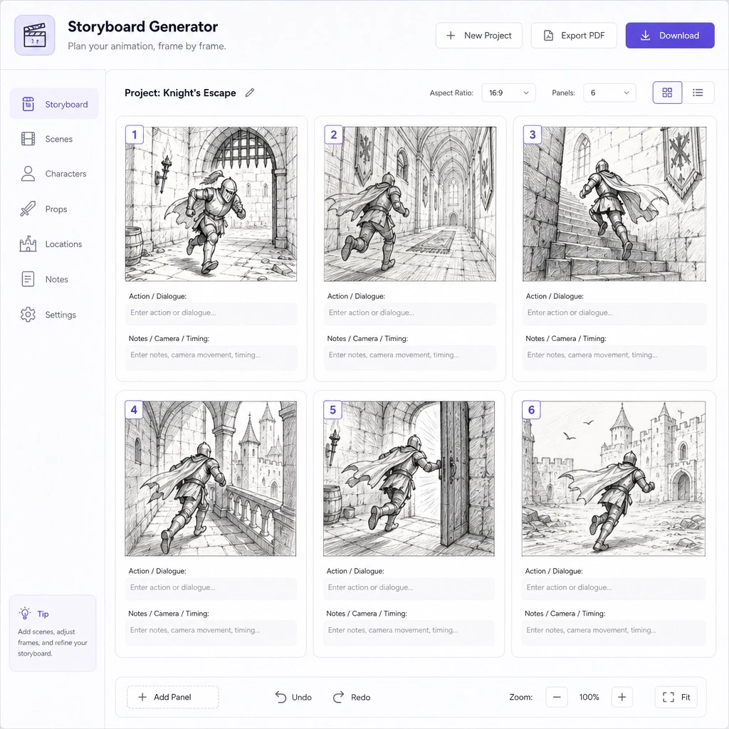 Fictional Animation Storyboard-generator UI — ClawLabs AI · MIT