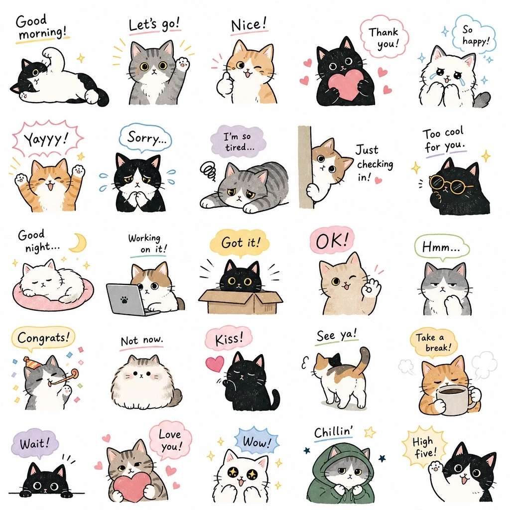 Hand-Drawn Cat Sticker Sheet — ClawLabs AI · MIT