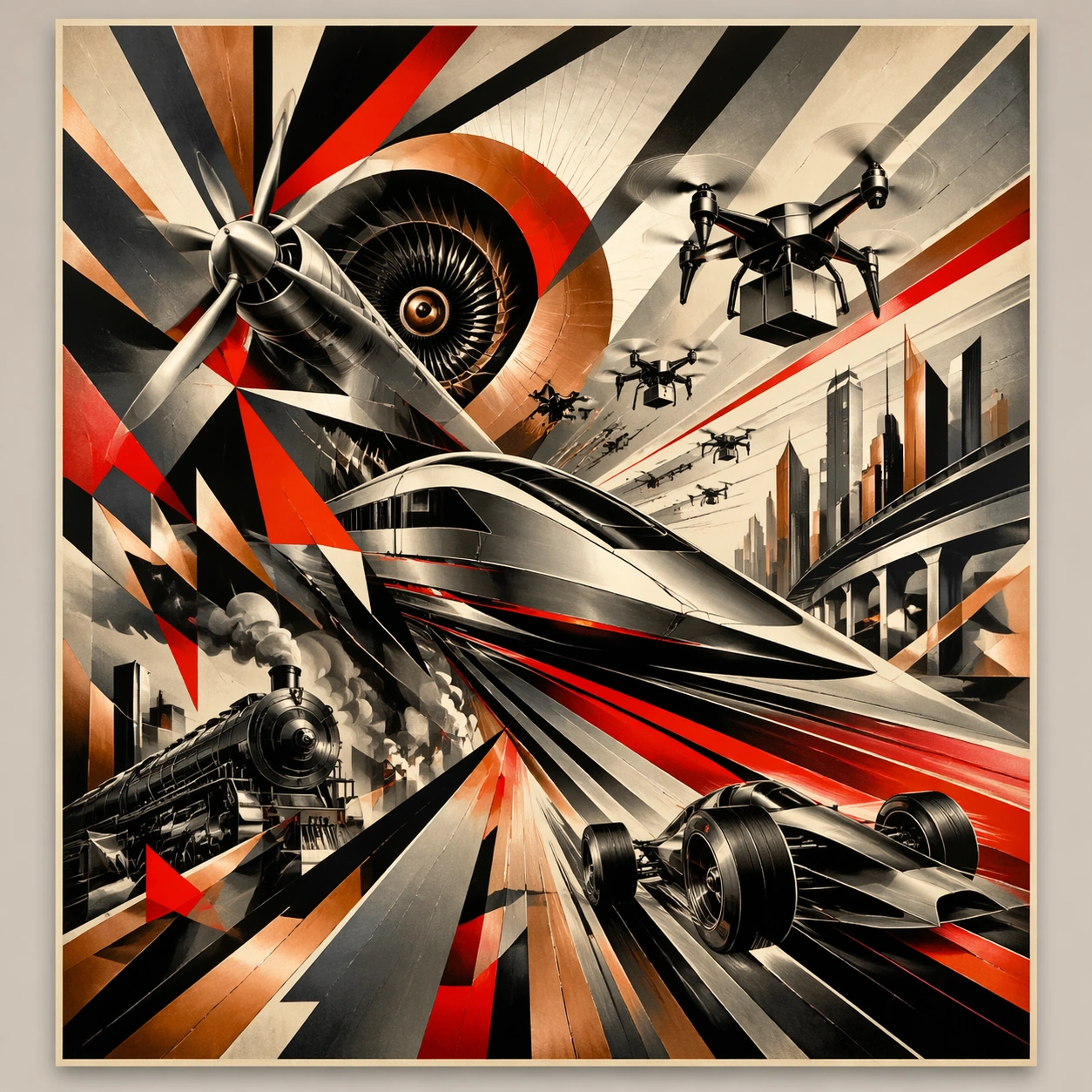 Futurist Rail-and-Drone Motion Poster Study — ChaosRealmsAI · MIT