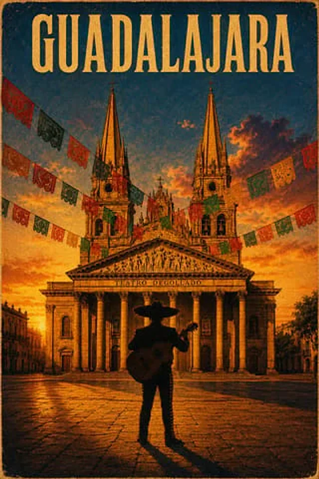 Example generated from “Guadalajara 复古电影旅行海报”
