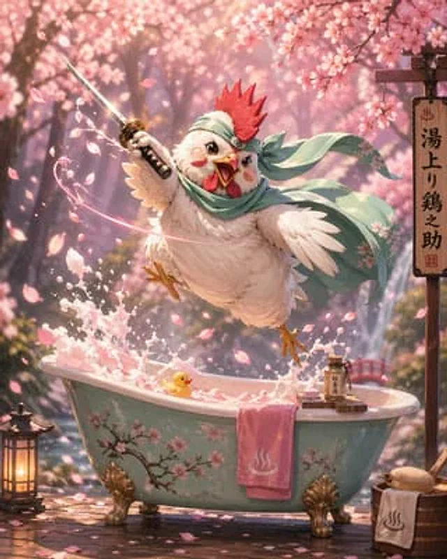 Example generated from “Samurai Chicken Bathtime Portrait”