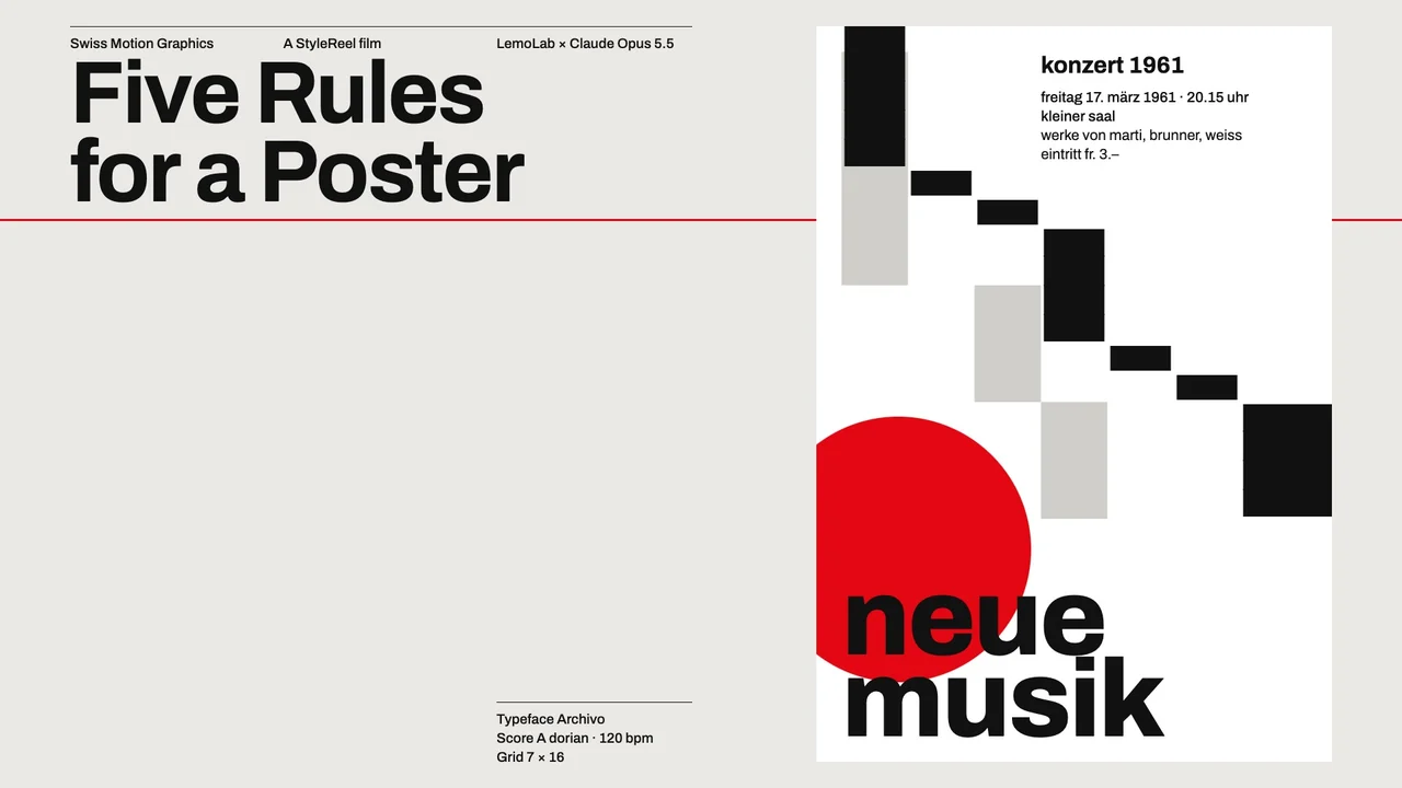 Swiss Motion Graphics — Five Rules for a Poster (code-generated animation; creator style recipe)