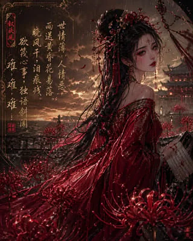 Example generated from “彼岸花丛中的红妆女子”