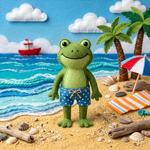 Example generated from “Comic / Storyboard - Felt Frog Diorama Beach”
