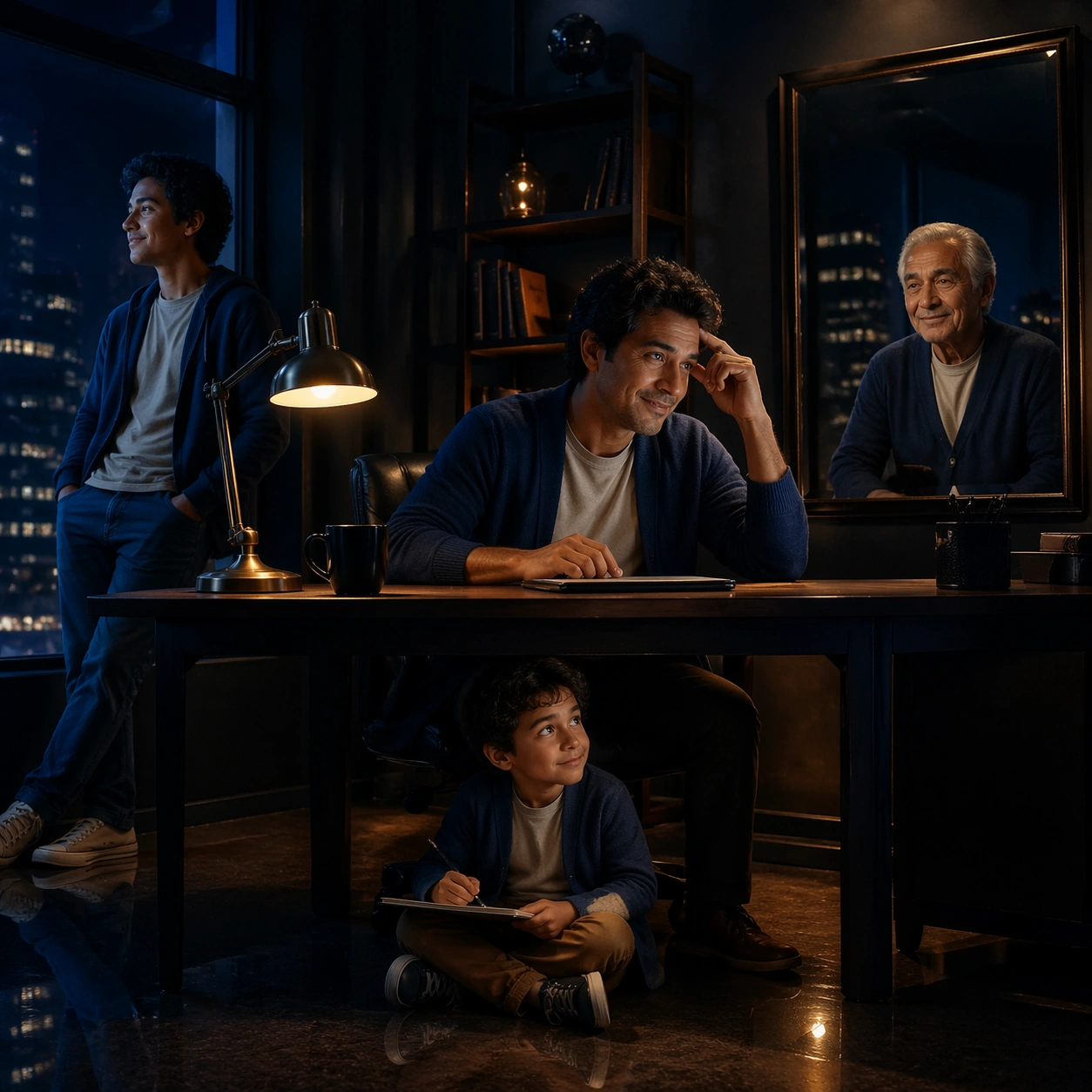 Four Ages in a Midnight Office — ChaosRealmsAI · MIT