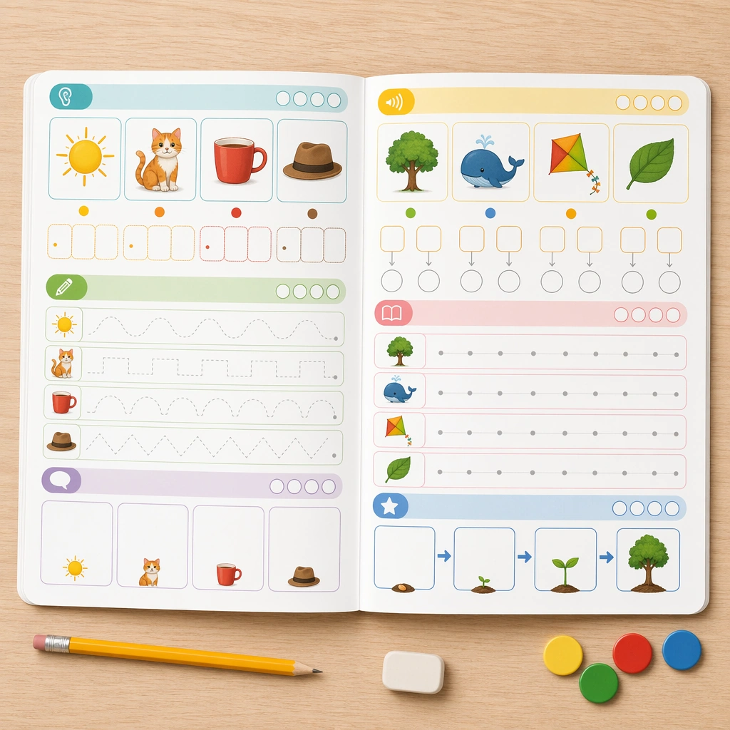 Picture Phonics Workbook Spread Concept — ChaosRealmsAI · MIT