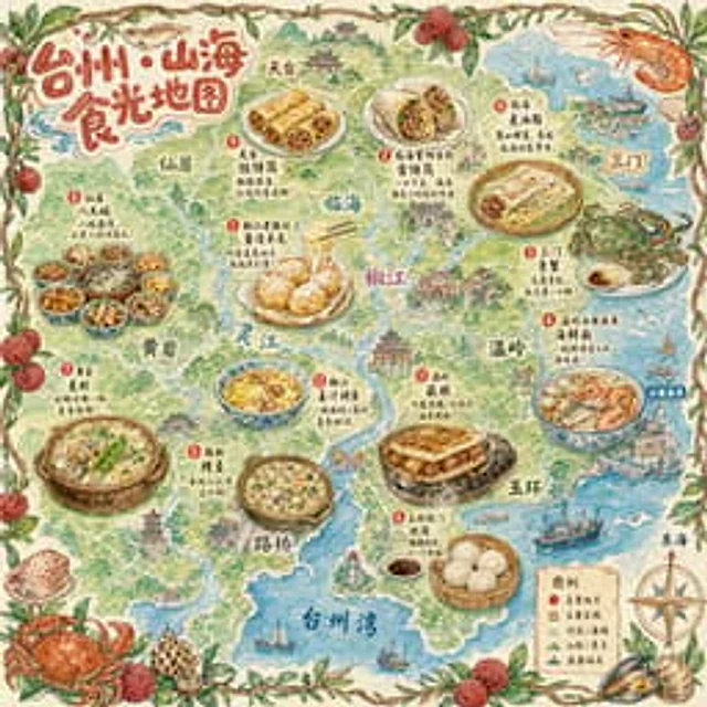 Example generated from “一张手绘风格的城市美食地图，以台州为主题”