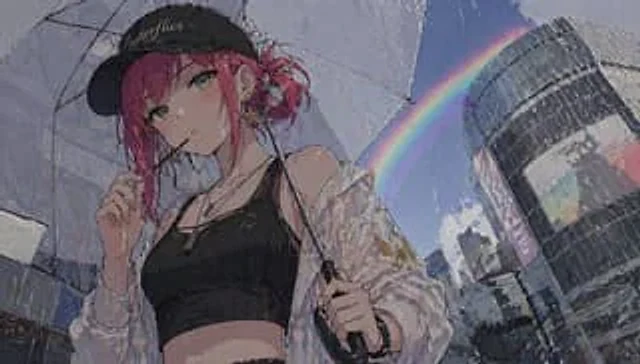 Example generated from “Anime Girl with Umbrella and Rainbow”
