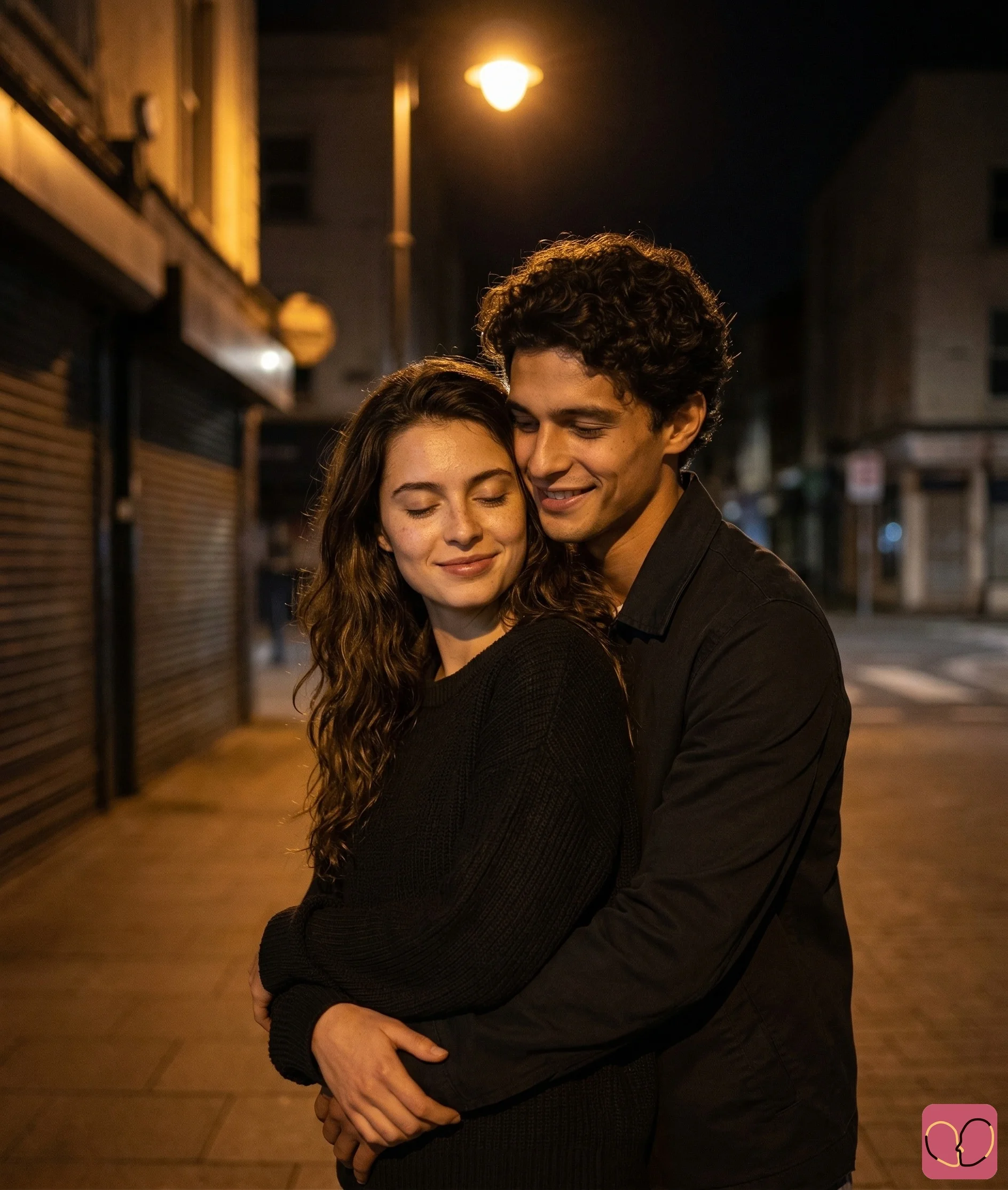 2 reference photos · Night Embrace Under a Street Lamp